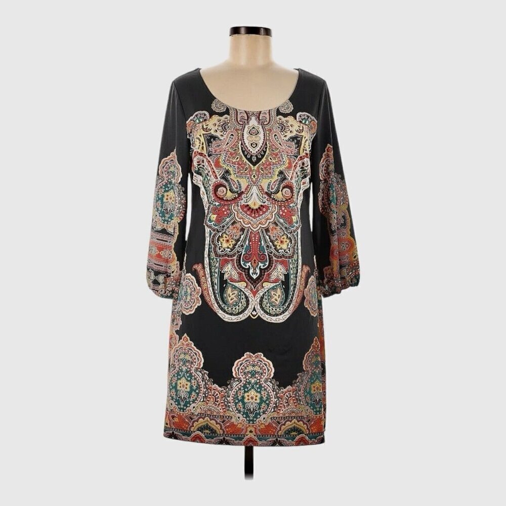 INC International Concepts Embroidered Shift Dress Black 3/4 Sleeve MEDIUM